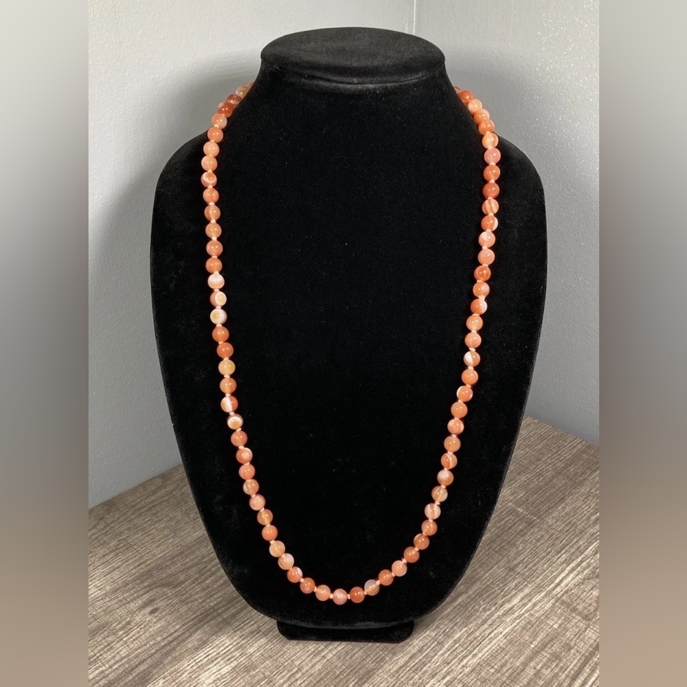 Coral Orange Stone Necklace Banded Agate Round Bead Hand Tied 30” Vintage